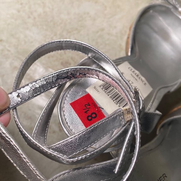 Marc Fisher Silver Metallic Strappy Heels Cork Like Heel Adjustable Glam Party - Picture 5 of 9